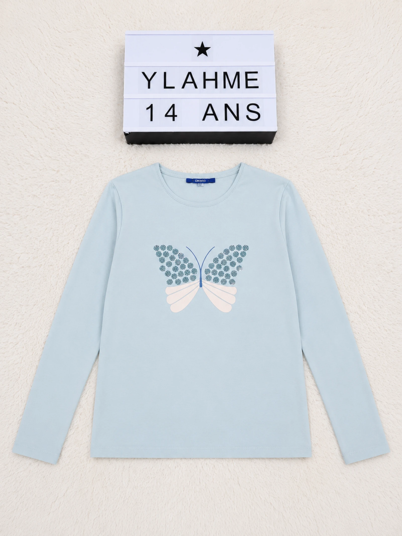 T-shirt manches longues Okaïdi bleu 14 ans papillon à sequins 👒